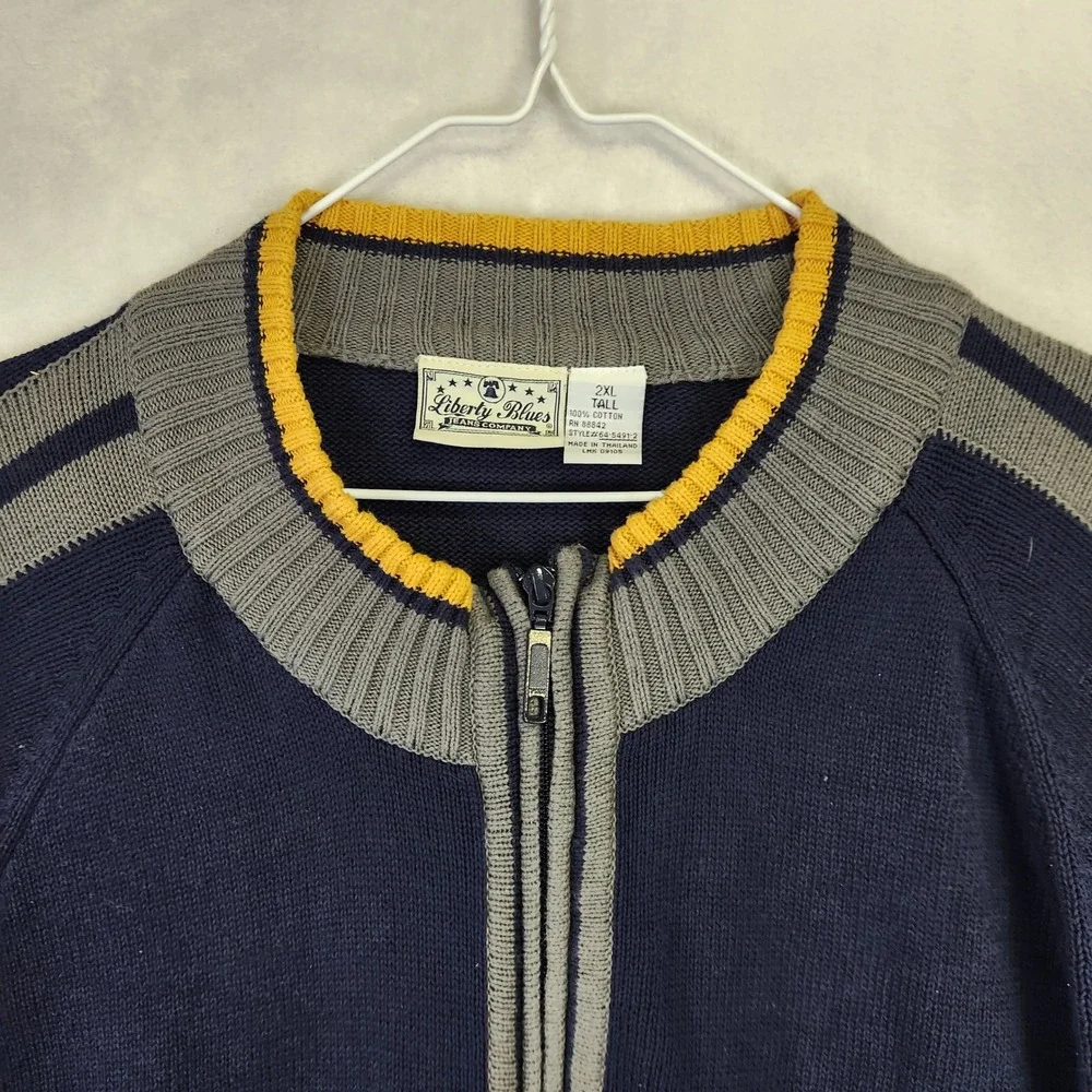 Liberty Blues Mens 2XL Tall Full Zip Knit‎ Sweater Navy Blue Grey Yellow Striped